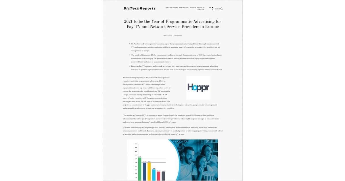 2021 to be the Year of Programmatic Advertising for Pay TV and Network Service Providers in Europe